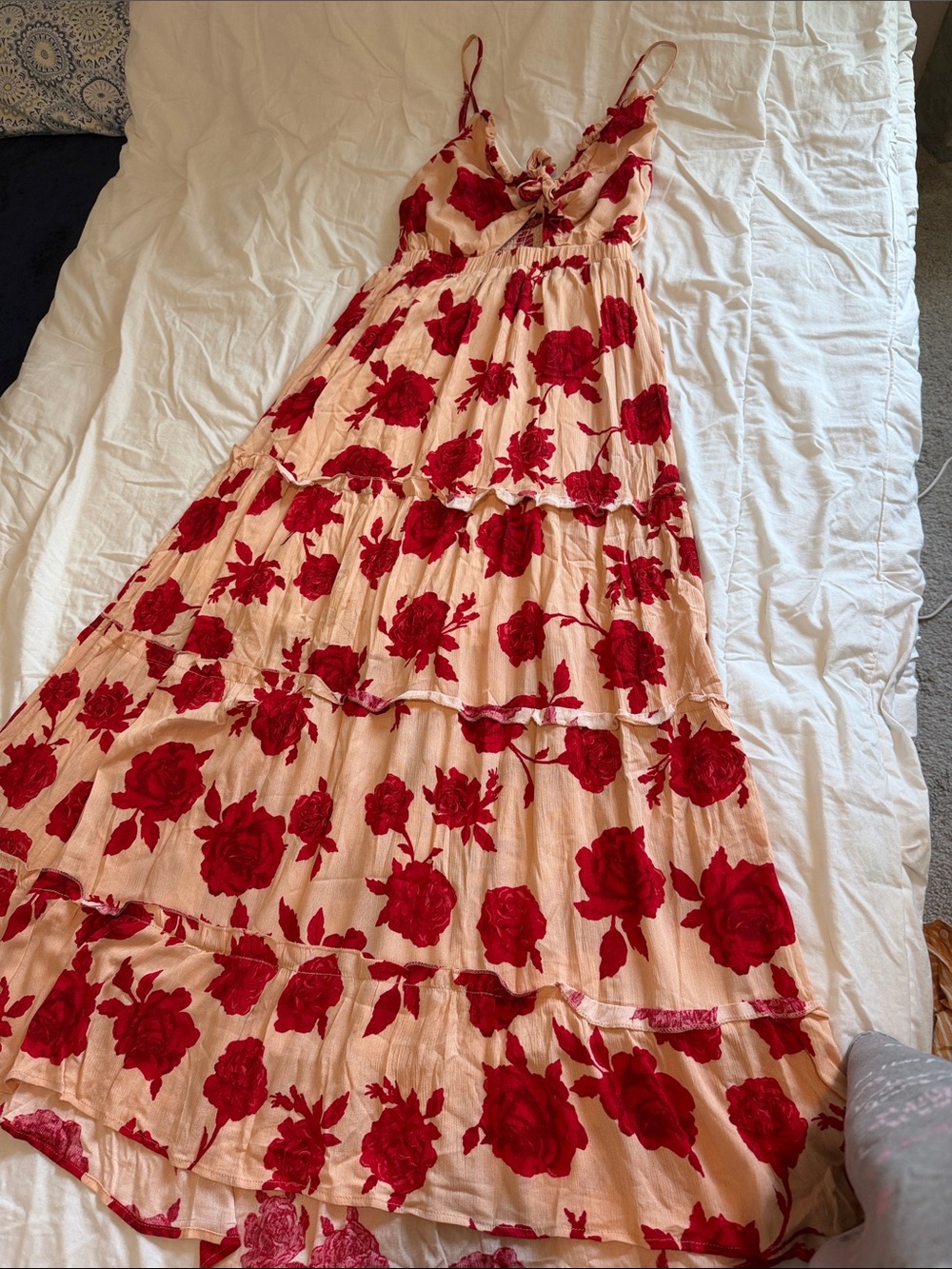 Floral Red Rose Tiered Maxi Dress - Sleeveless Spaghetti Strap